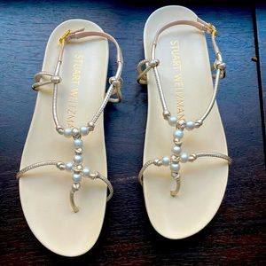 Stuart Weitzman Pearl Knot Metallic Leather Flat Sandals 8.5